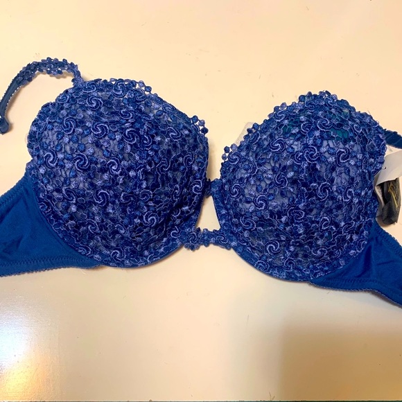 FELINA BRA ROYAL BLUE LACE SWIRLS 34D TEXTURED MATERIAL